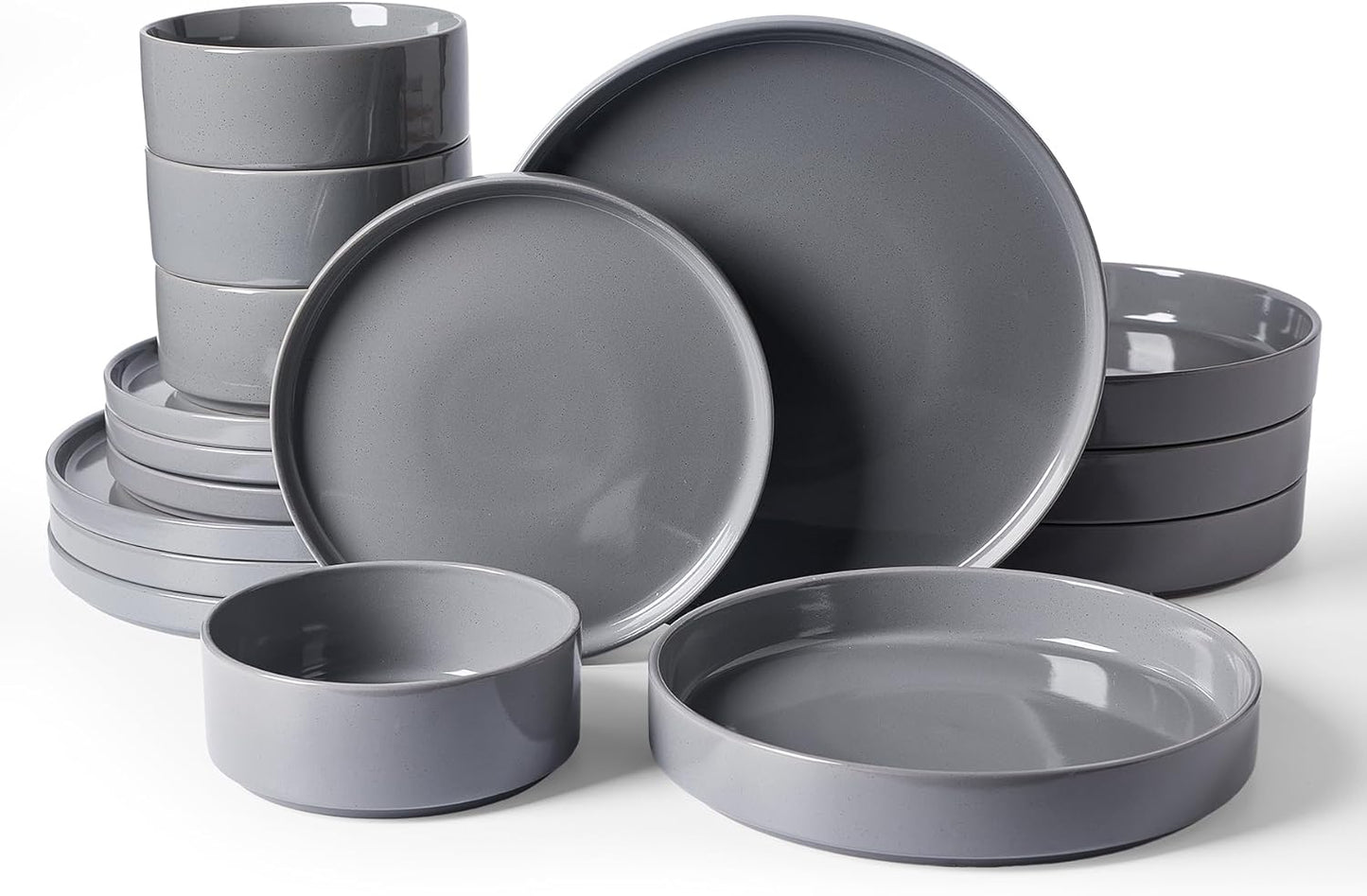 Famiware Nebula Dinnerware Set with Pasta Bowls, Service for 4 (16pcs), Fine Stoneware Plates and Bowls Sets, Microwave and Dishwasher Safe Dishes Set, Dark Gray