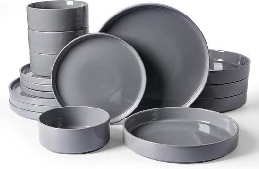 Famiware Nebula Dinnerware Set with Pasta Bowls, Service for 4 (16pcs), Fine Stoneware Plates and Bowls Sets, Microwave and Dishwasher Safe Dishes Set, Dark Gray