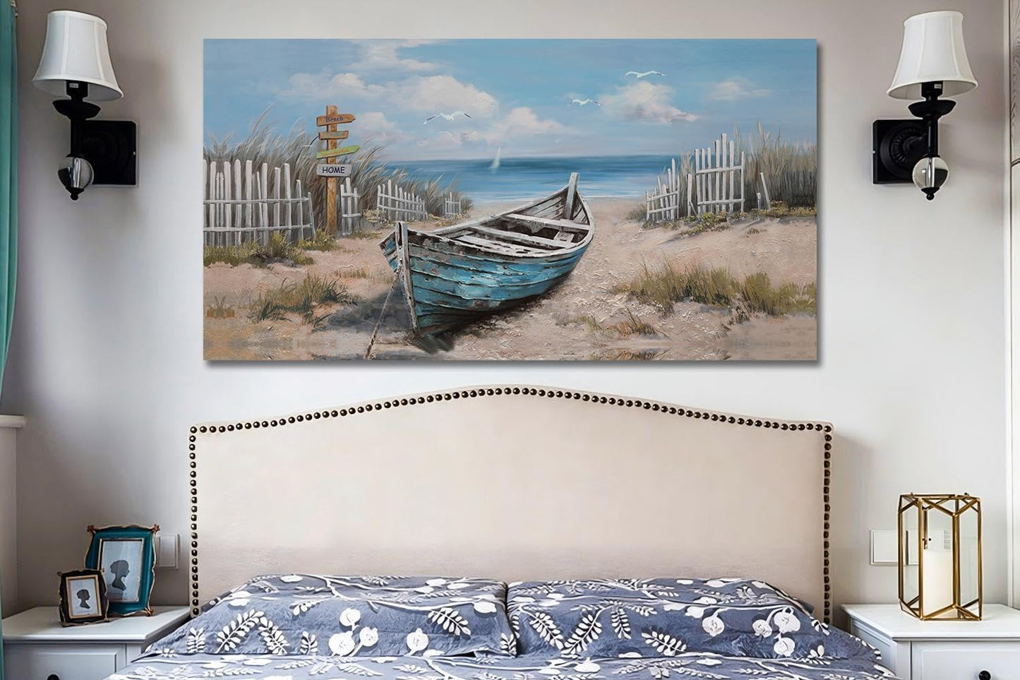 Ardemy Boat Canvas Wall Art for Living Room Large Teal Bedroom Pictures Wall Decor Textured Beach Paintings Artwork Dining Room Home Office Kitchen, 40"x20"