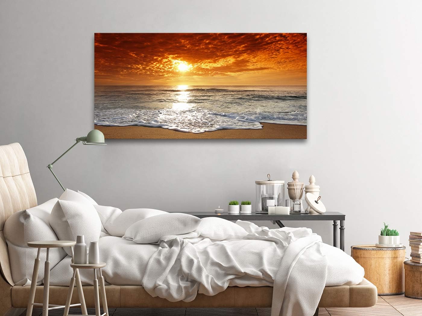 Muolunna S04662 Canvas Prints Wall Art Sunset Ocean Beach Pictures Photo Paintings for Living Room Bedroom Home Decorations Stretched and Framed Ready to Hang Seascape Waves Artwork 24x48inch