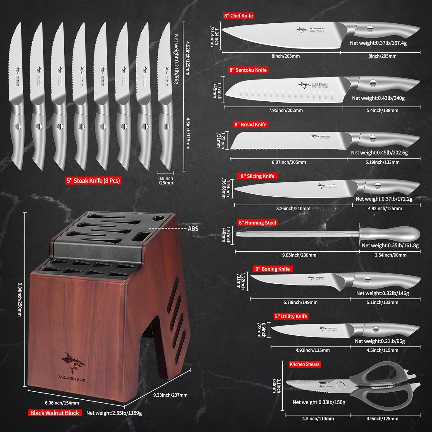 MAD SHARK Knife Set for Kitchen with Block, 17pc Cutlery Set, Built-in Sharpener, German Stainless Steel, Non-slip Ergonomic Handle, Dishwasher Safe