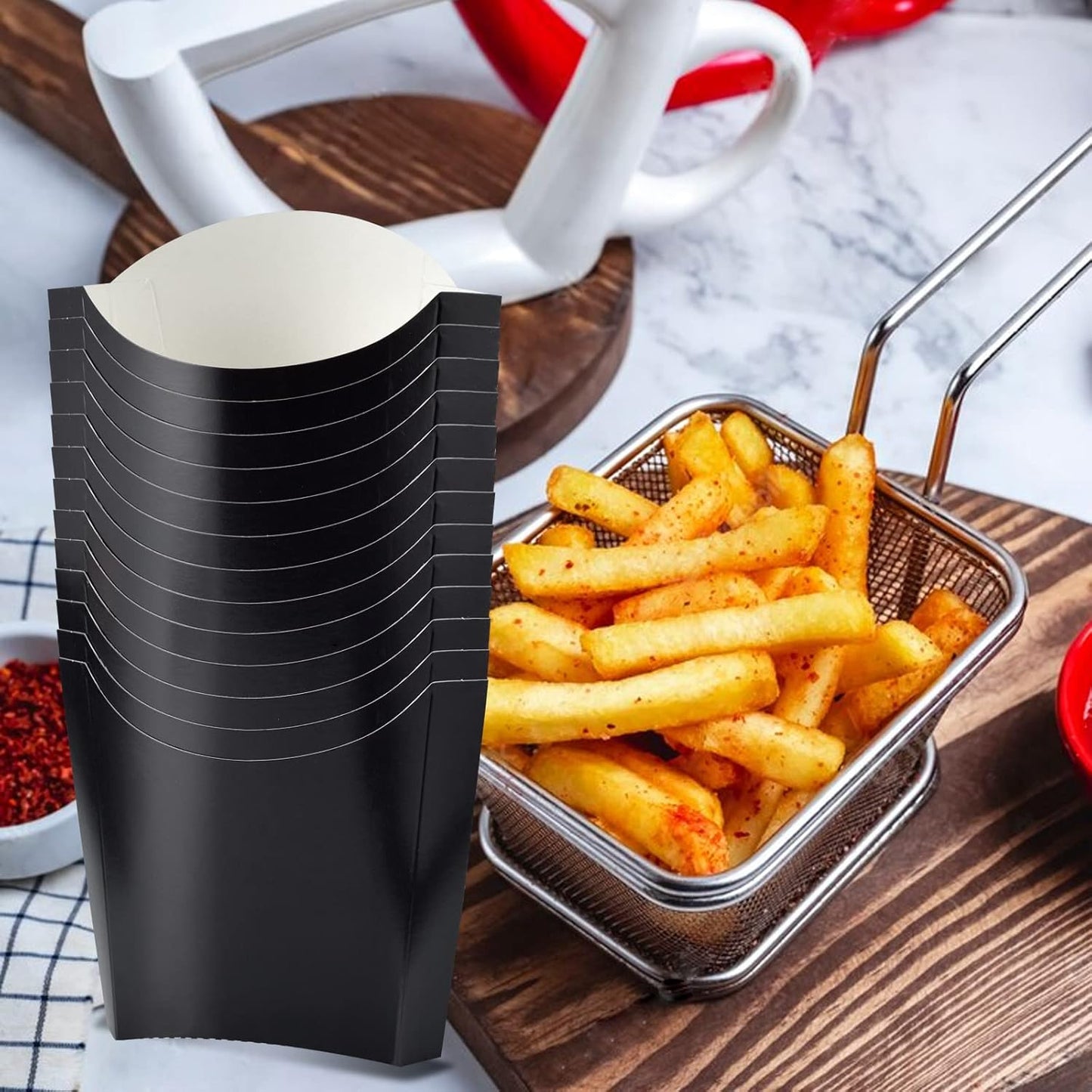200 Pack 4oz Black French Fry Containers - Small French Fry Box Holder Disposable Charcuterie Cups - Kraft Paper Takeout Boxes for Wedding Birthday Carnival Individual Party Point