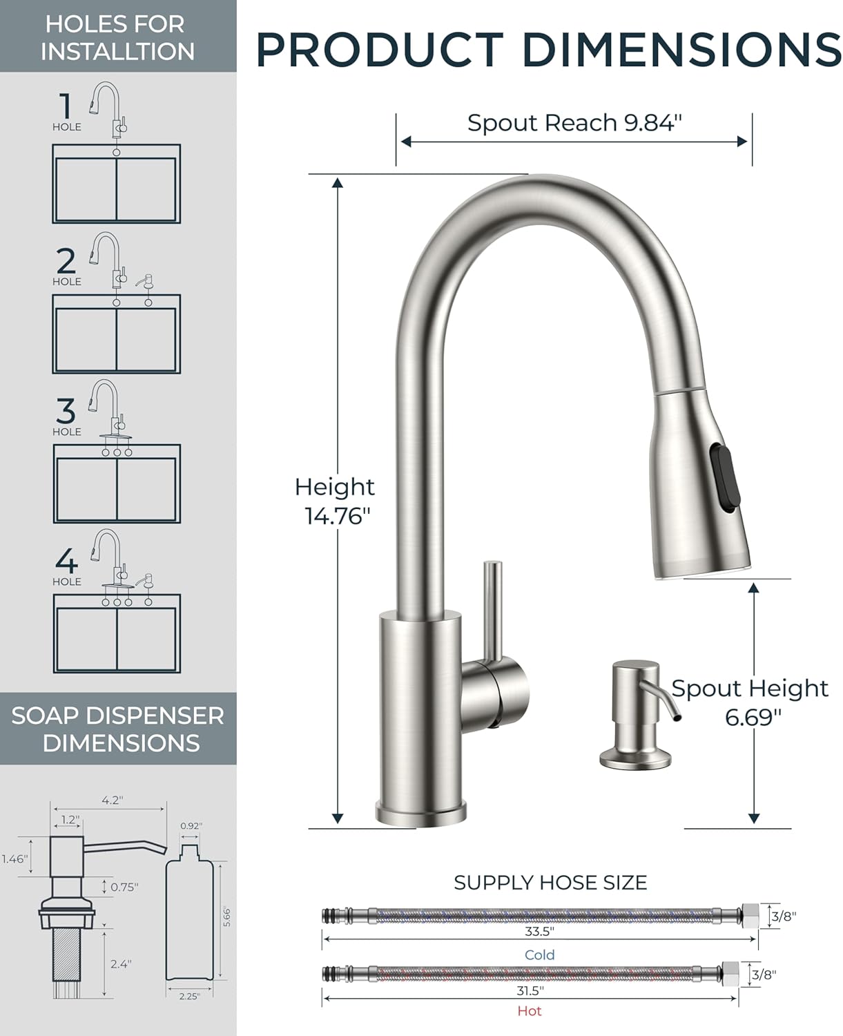 FORIOUS LED Kitchen Faucet with Soap Dispenser and Pull Down Sprayer, Brushed Nickel High Arc Single Handle 3 Modes Stainless Steel Bar Faucet for Kitchen Sink Wet Laundry Camper