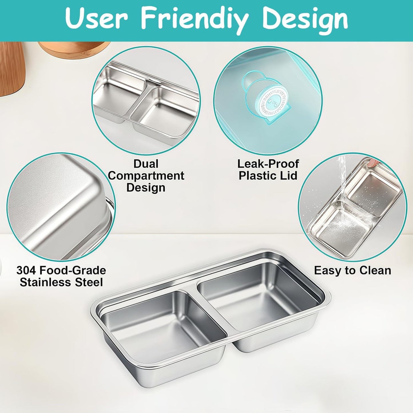 2Pcs 304 Stainless Steel Bento Boxes, 30 oz 2 Compartments Portable Food Storage Containers Snack Boxes with Leakproof Lids, Divided Meal Prep Lunch Box Food Container Dishwasher Safe