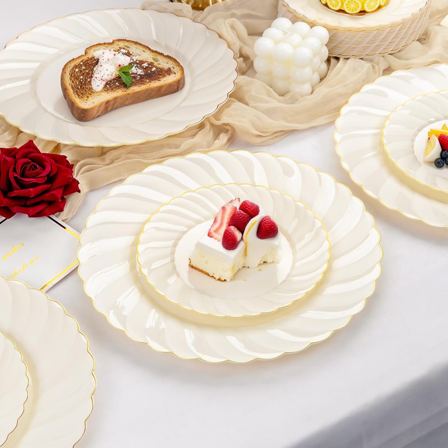 YOUBET 125PCS Scalloped Plastic Plates - Ivory Scalloped Disposable Plates - Gold Plastic Dinnerware Set Include 50 Plates, 75 Gold Silverware for Party & Wedding & Thanksgiving