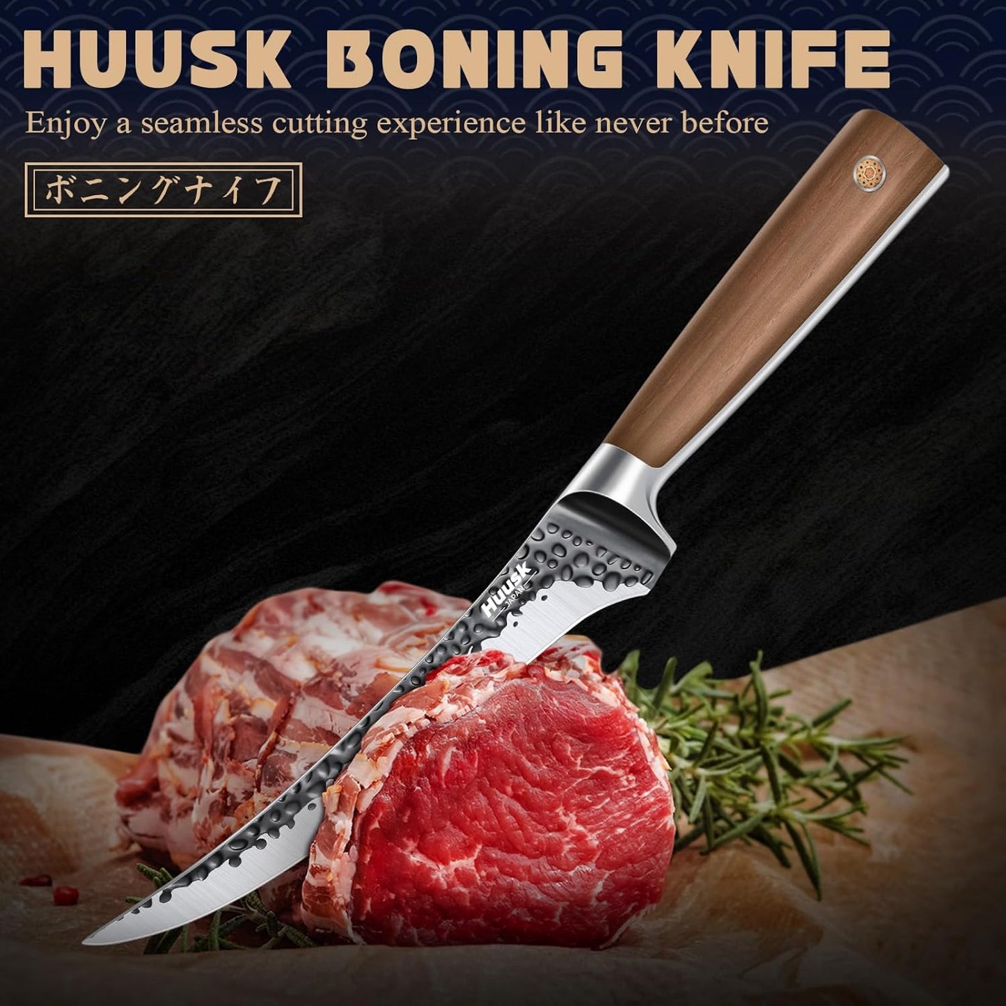 Huusk Boning Knife 6 Inch Fillet Knife for Meat Brisket Trimming Knife Japan Hand Forged Deboning Knives Full Tang Meat Cutting Butcher Knife for Kitchen Cooking BBQ