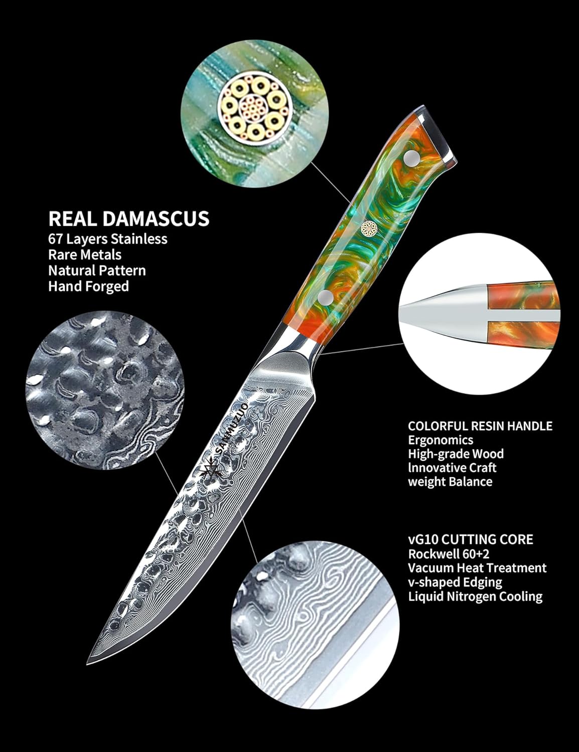 Steak Knives Set of 4, Ultra Sharp Kitchen Steak Knife 5 Inch - Forged Damascus Steel & Resin Handle - Yao Series