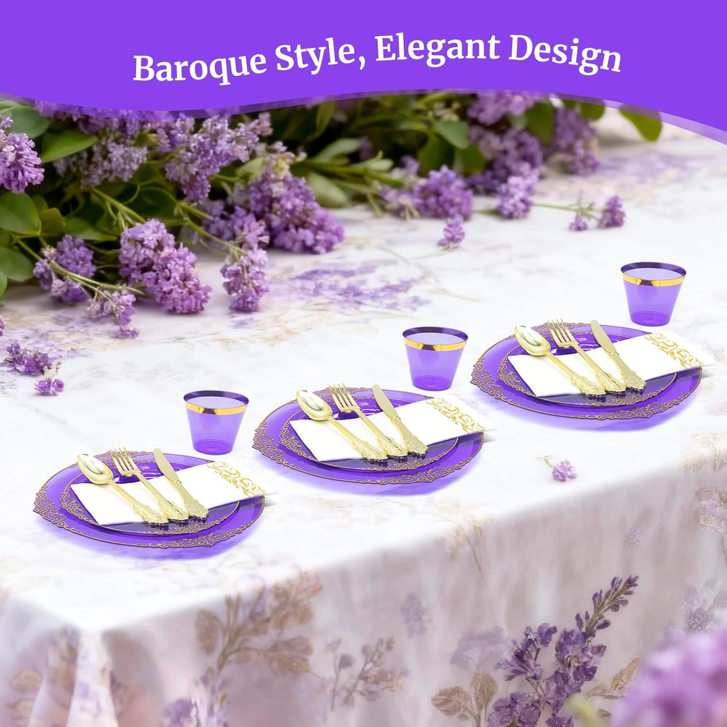 AIRE 175PCS Purple Gold Plastic Plates for Party Dinnerware Sets for 25 Guests, Vintage Disposable Plastic Party Plates Cups Spoons Forks Knives Napkins for Wedding Birthday Christmas BBQ Parties