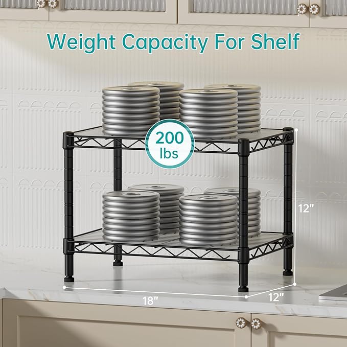 SINGAYE 2 Small Shelves Kitchen Storage Shelf Wire Shelving Unit Metal Shelf Adjustable Organizers Storage Shelving for Office Pantry Black 12" D X 18" W X 12" H