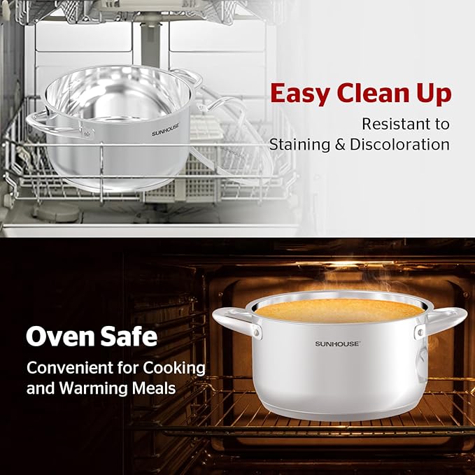 SUNHOUSE 13-Quart Stainless Steel Stockpot w/Tempered Glass Lid - Heavy-Duty, Food-Grade Cookware for Simmering, Boiling, and Induction Cooking - Exceptional Heat Distribution