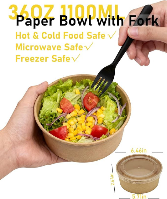 50Pack Disposable Kraft Paper Bowls 【with Lids & Forks】 36oz (1100ml) Round Food Containers Heavy Duty Serving Bowls for Hot/Cold Food Salads Take Out Containers for Household & Restaurant & Party