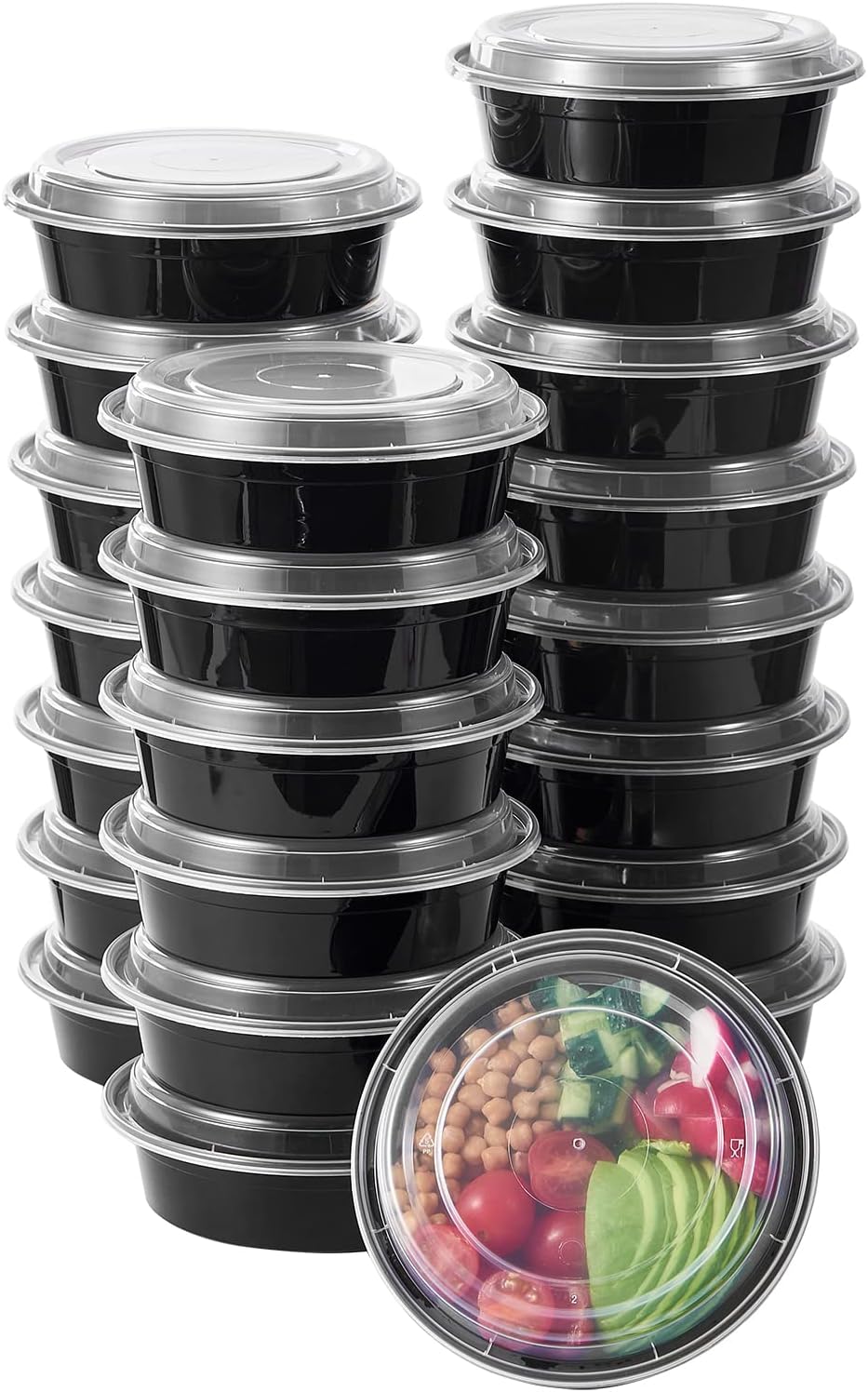 FULING 24 oz 150 ct Round Meal Prep Food Storage Containers with Lids To Go Plastic Lunch Plan Box Disposable Take Out Bowls Black BPA Free Reusable Durable Stackable Microwave Freezer Dishwasher Safe