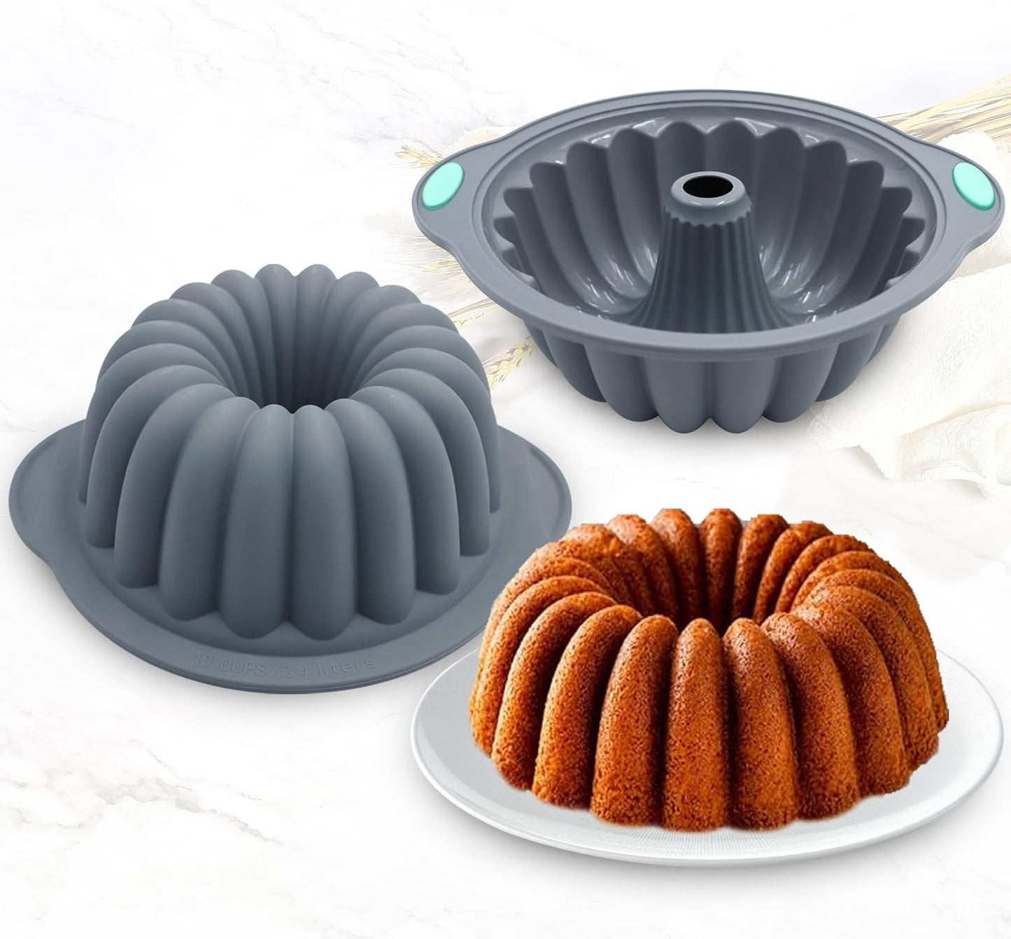 Tongjude 4 Pieces Silicone Fluted Tube Cake Pans, 10 Cups Tube Baking Pan, Jello Mold, Silicone Molds for Homemade Cake, Bread and Jello, Non-Stick, Grey