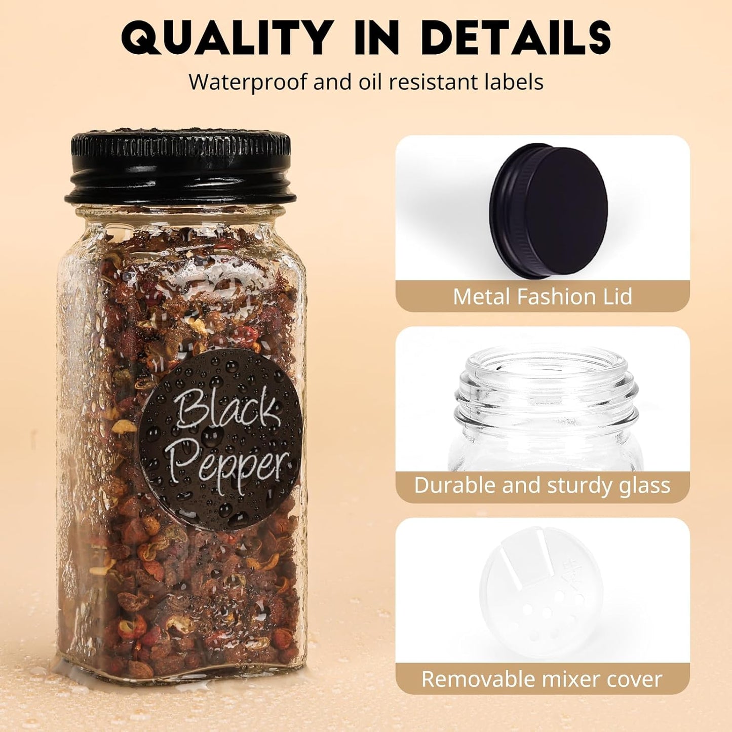 12Pcs Spice Jars with Label, 4oz Empty Square Seasoning Containers, Spice Jars with Shaker Lids, Small Spice Bottles for Salt, Herbs, Sugar, Pepper, Seasoning Jars for Spice Rack, Cabinet, or Drawer