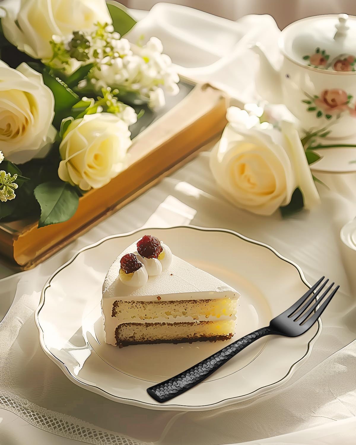 20-Piece Black Silverware Set, Ollex Stainless Steel Hammered Flatware Cutlery Set for 4, Mirror Polished Kitchen Utensils included Black Knives Spoons and Forks Set Dishwasher Safe