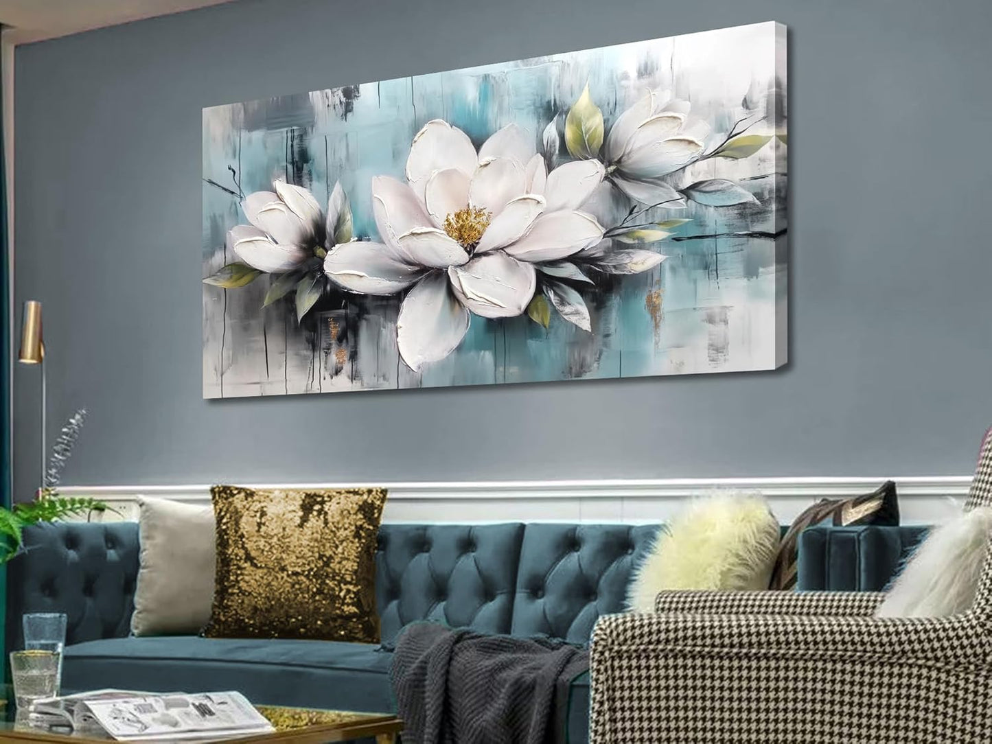Ardemy Magnolia Wall Art for Living Room, Extra Large White Floral Canvas Wall Art Bedroom Painting Pictures Wall Decor Teal Flower Artwork for Walls Home Office Dining Room, 40"x20"