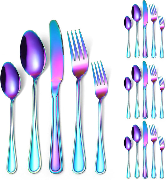 Colorful Forks Spoons Knives Silverware Rainbow Flatware Set for 4 Kitchen 20 Pieces Stainless Steel Cutlery Modern Eating Utensils Double Line Edges Handle