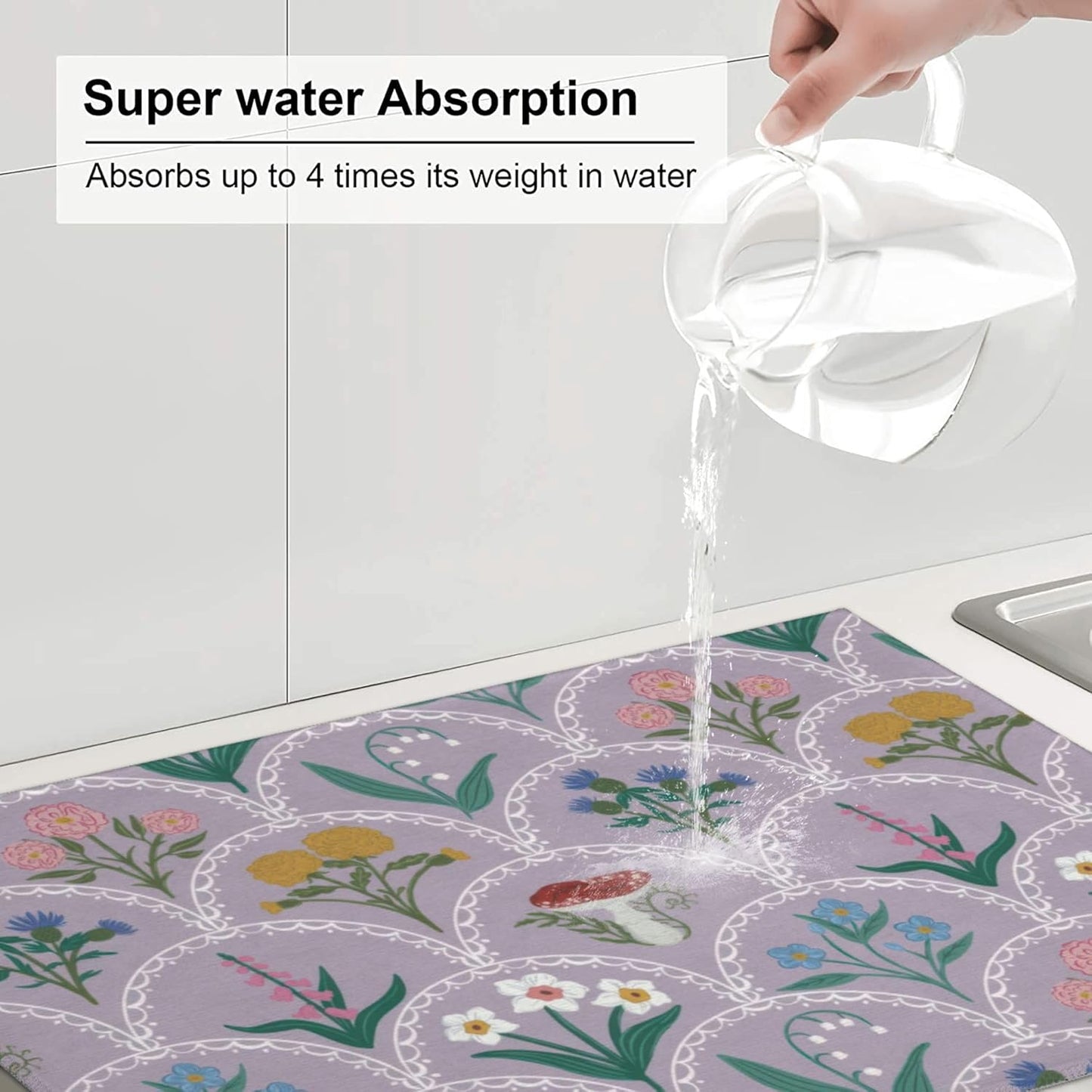 Vintage Flowers Dish Drying Mat 18x24 Inch, Microfiber Absorbent Fast Dry Mat Mushroom Floral Large Dish Mat Drying Kitchen Mat, Kitchen Drying Pad for Kitchen Counter Coffee Bar Decor Gifts