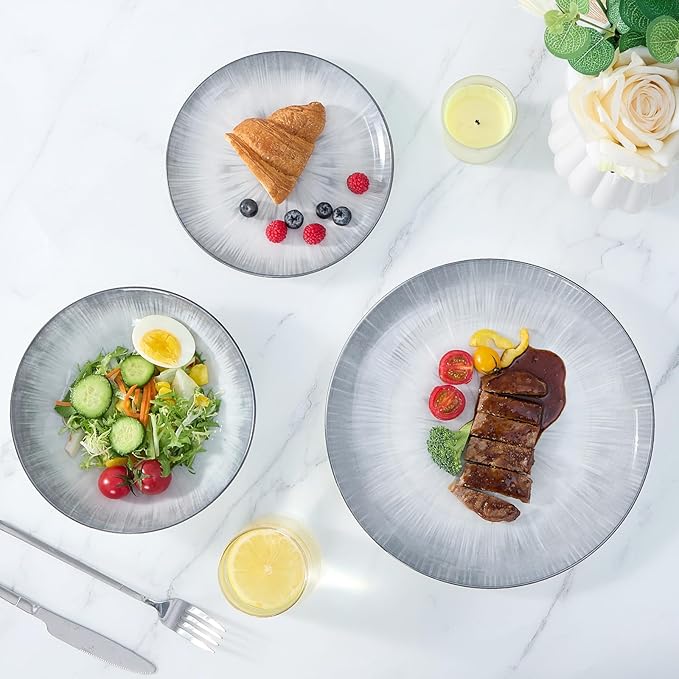 Bestone Porcelain Dinnerware Sets Service for 4, 12 pcs Hand drawn Plates and Bowls Sets, Handmade Ceramic Dish Set, Chip Resistant Modern Plate Set, Dishwasher/Microwave Safe，Gray