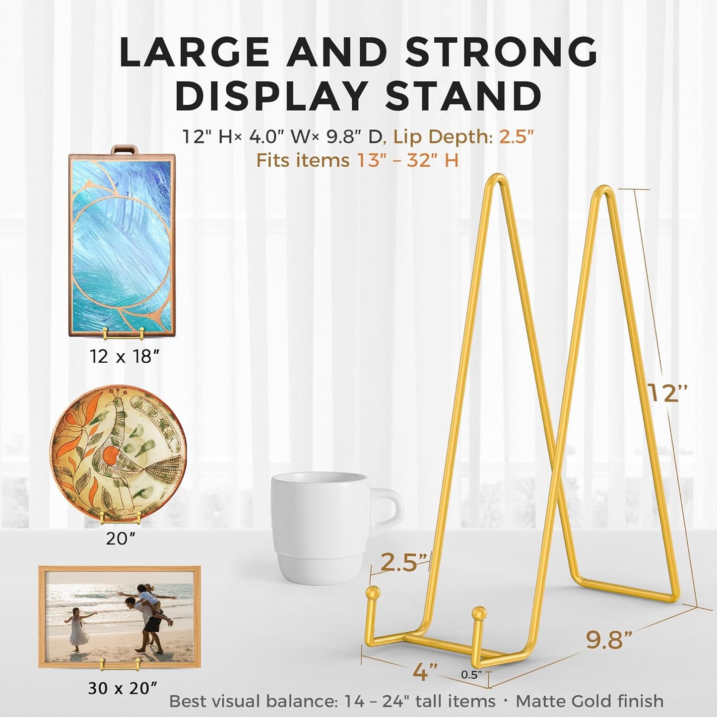 TR-LIFE 12 Inch Large Plate Stands/holder for Display - Metal Picture Frame Holder Stand + Small Easels for Platter, Book, Plaques, Photo, Tabletop Art (Gold 2 Pack)
