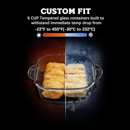 6 Cup Baking Dish Set - 2 Pack, 7 Inch Square Tempered Glass Food Storage Containers with Crispy Tray Compatible with Ninja Crispi Air Fryer - Oven, Microwave, Freezer and Dishwasher Safe
