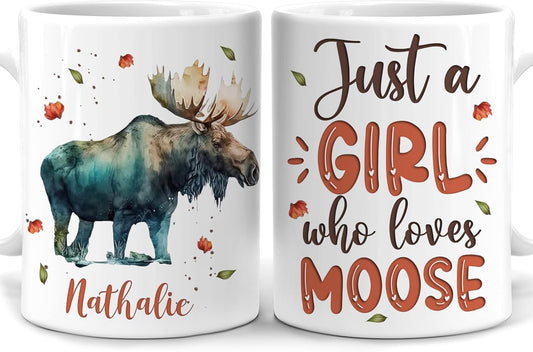 Hyturtle Personalized Gifts Moose Lover - Just A Girl Who Loves Mooses Custom Name Ceramic Coffee Mug Cup 11oz - Idea Cute Animal Lover Gifts For Women, Girl Daughter On Birthday, Christmas