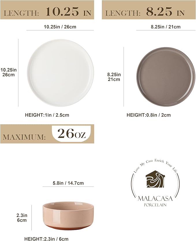 MALACASA Plates and Bowls Sets, 12 Pieces Modern Stoneware Dinnerware Set for 4 Kitchen Dinner Set Ceramic Dishware Dishes Set Microwave and Dishwasher Safe, Multicolor, Series TARA