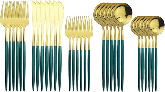 Silverware Set – 30 Piece Family Dinnerware Set – Flatware Set Service For 6 – Green Gold Tableware Sets – Cutlery Great For Family Gatherings & Daily Use – Spoons, Knives, Forks