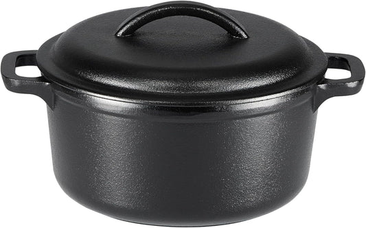 Amazon Basics Round Pre-Seasoned Cast Iron Mini Dutch Oven Pot with Lid and Dual Handles, 2-Quart, Black