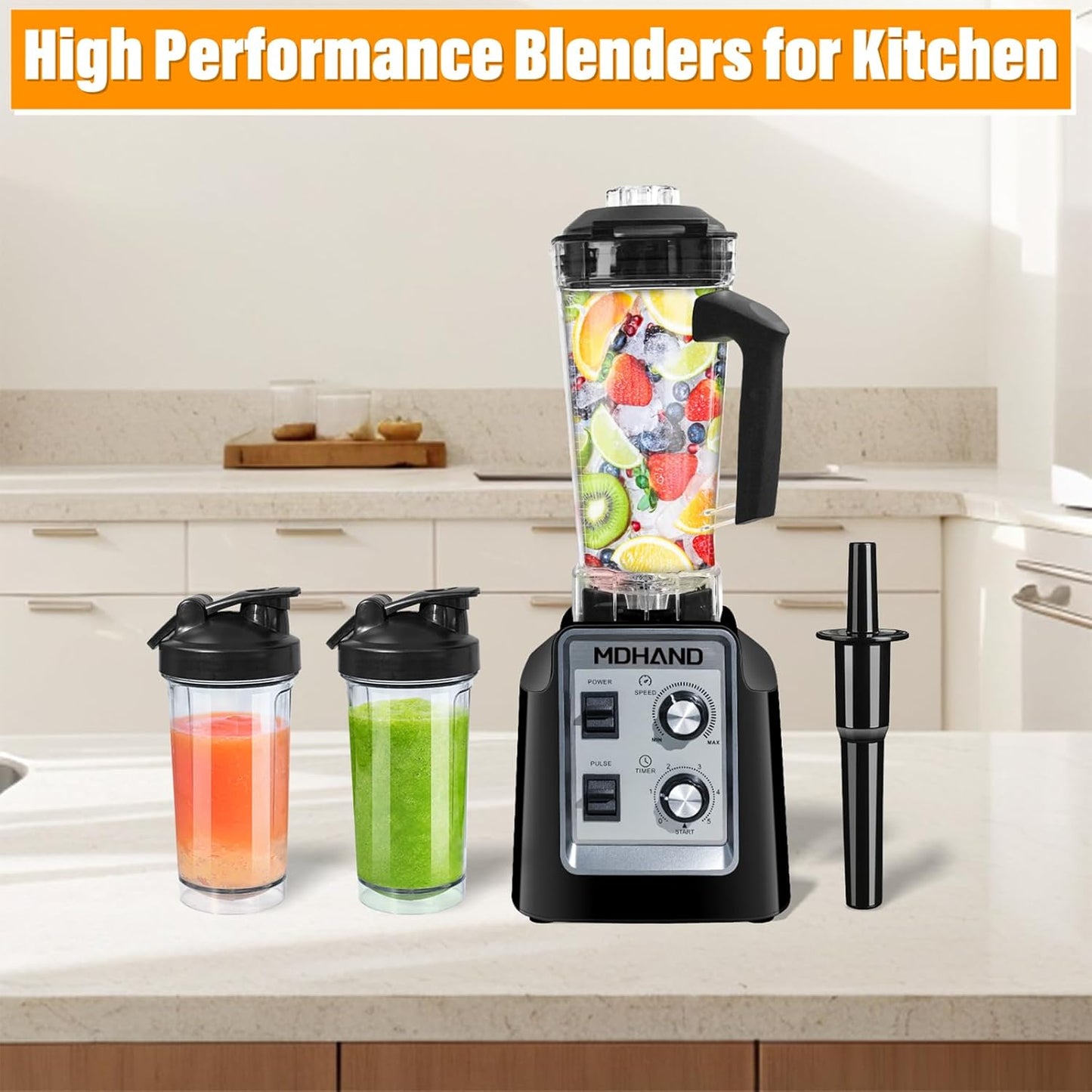 MDHAND 1400W Professional Blender for Kitchen, Smoothie Blender with 68 Oz Pitcher & Two 18-Oz Cups, Compact Countertop Blenders for Smoothies, Frozen Drinks, Ice Crushing