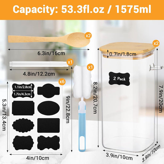 Glass Jars with Bamboo Lids and Spoons - 2 Pack 53 Fl.oz Square Pasta Storage Containers Set, Includes Labels, Marker and Brush, Large Glass Canisters for Kitchen Pantry, Cereal, Rice, Flour