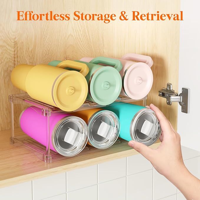 Lifewit Stackable Water Bottle Storage Organizer, Clear Freestanding Wine Bottle Holder for Cabinet, Tumbler Cup Organizer, Plastic Large Compartment Wine Rack for Fridge Cellar, 2Tier Hold 6