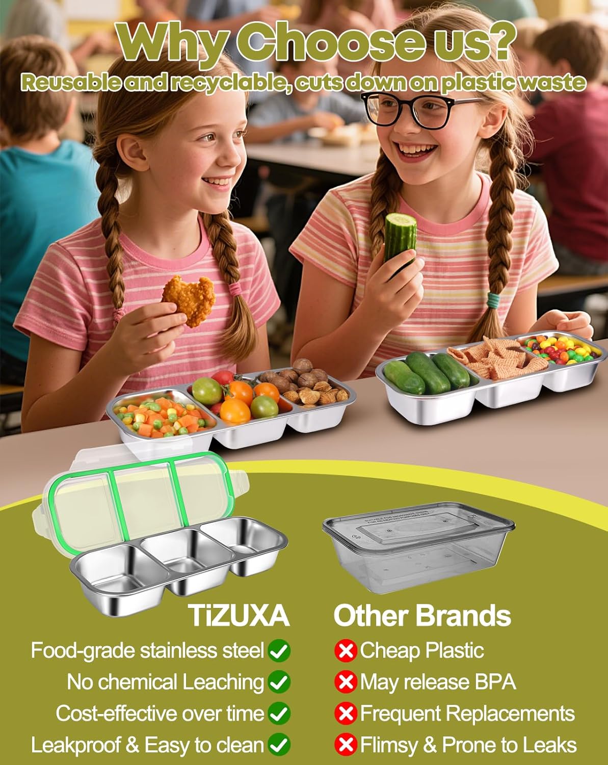 2Pack Stainless Steel Snack Containers for Kids Adults, Reusable 3 Compartment Snackle Box Container with Leakproof Lids Metal Bento Lunch Food Snack Boxs for Travel Picnics Camping Office School