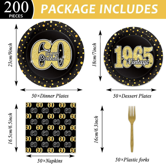 200PCS 60th Theme Birthday Party Tableware Vintage 1965 Party Supplies 60 year old Birthday Party Decorations Plates Napkins Forks Black and Gold Dinnerware Favors for Men or Women