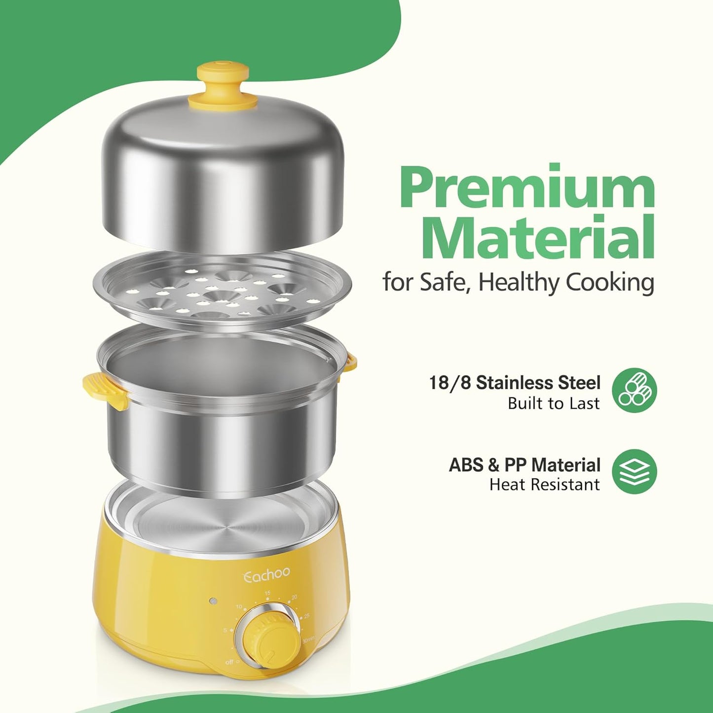 Hard Boiled Egg Cooker - CACHOO 14-Egg Rapid Stainless Steel Egg Boiler with 30-Min Timer & Auto Shut Off, Compact Electric Vegetable Steamer for Cooking, Dishwasher Safe, Retro Yellow