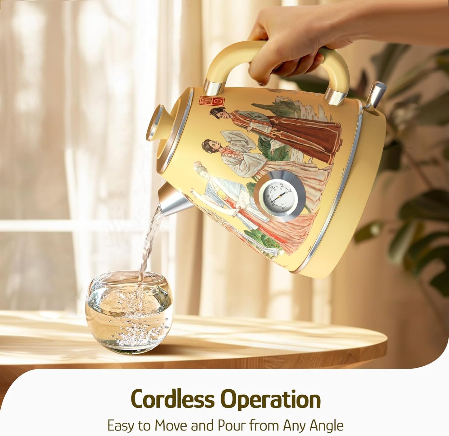 Hazel Quinn Retro Electric Kettle - 1.7 Liters / 57.5 Ounces Tea Kettle with Thermometer, All Stainless Steel, 1200 Watts Fast Boiling, BPA-free, Cordless, Automatic Shut Off - Finery