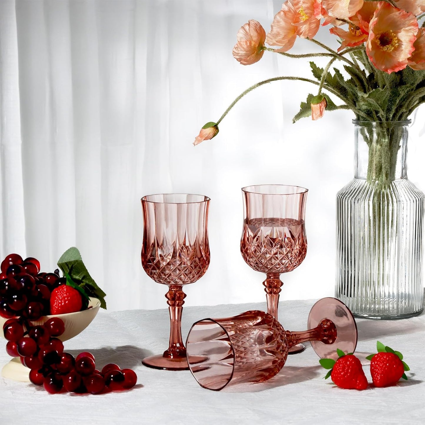 XUWAIDSGN 7oz Plastic Vintage Rose Gold Drinking Glasses Pink Wine Glasses Unbreakable Wedding Glassware Crystal Water Goblets Reusable Drinkware Vintage Champagne Flutes (24, Rose Gold)