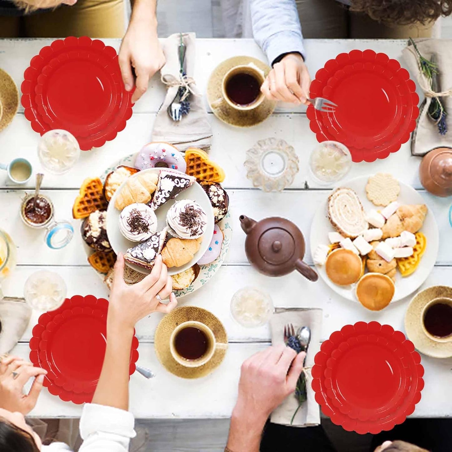 50 Pcs Red Scalloped Paper Plates 25 × 7'' and 25 × 9'' Disposable Red Scalloped Dinner Plates for Wedding Baby Shower Birthday Party Disposable Dessert Plate