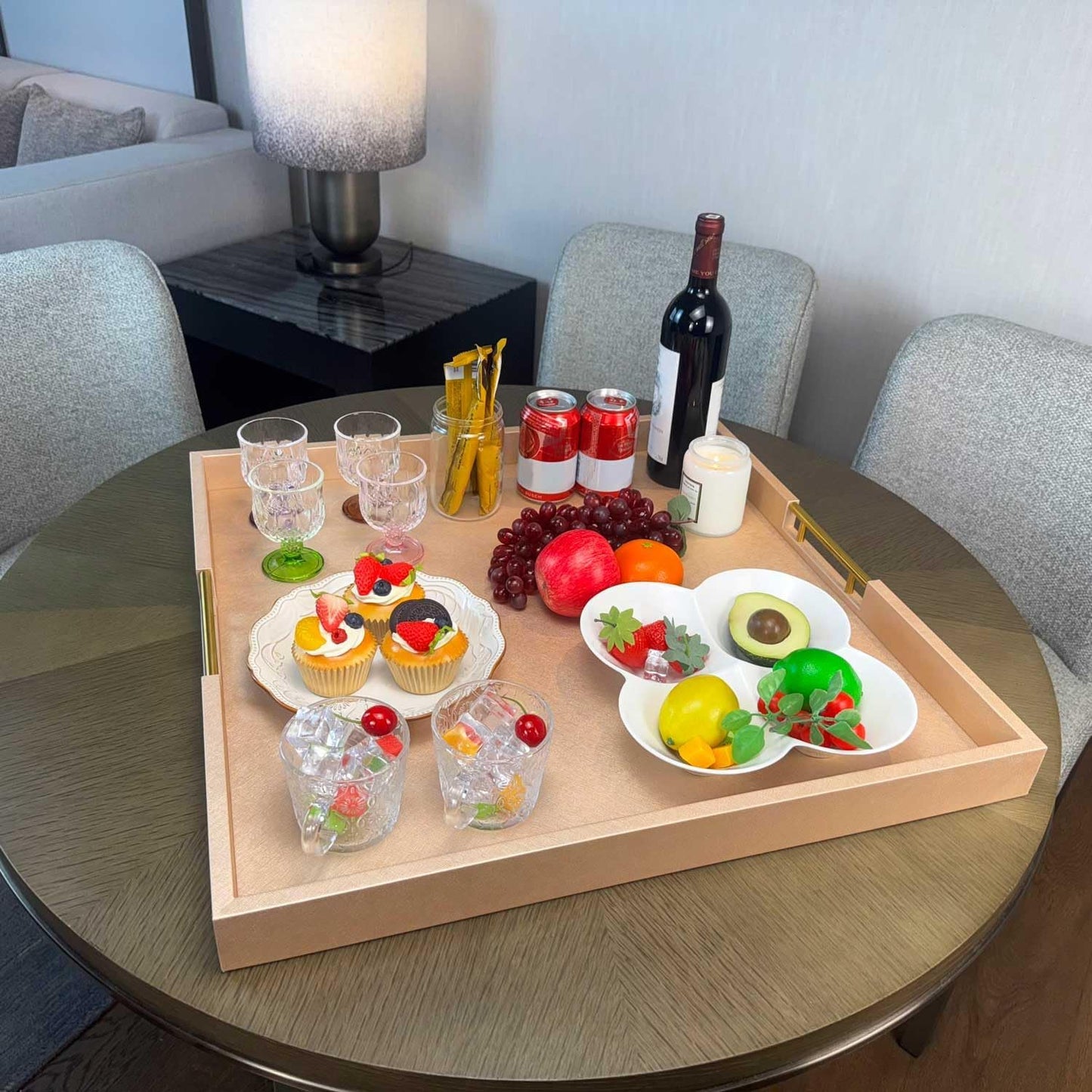 24x24 Inches Extra Large Champagne Faux Leather Wrapped Wood Ottoman Tray with Golden Handles for Serving Food Breakfast On Bed, Square Coffee Table Organizer, Home Decor and Decorative