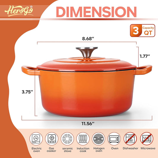 Herogo Enameled Cast Iron Dutch Oven with Lid and Dual Handles, 3QT Heavy Duty Round Dutch Oven Pot for Bread Baking Stewing Roasting, Nonstick & Easy Cleanup, Safe for Various Stovetops - Orange