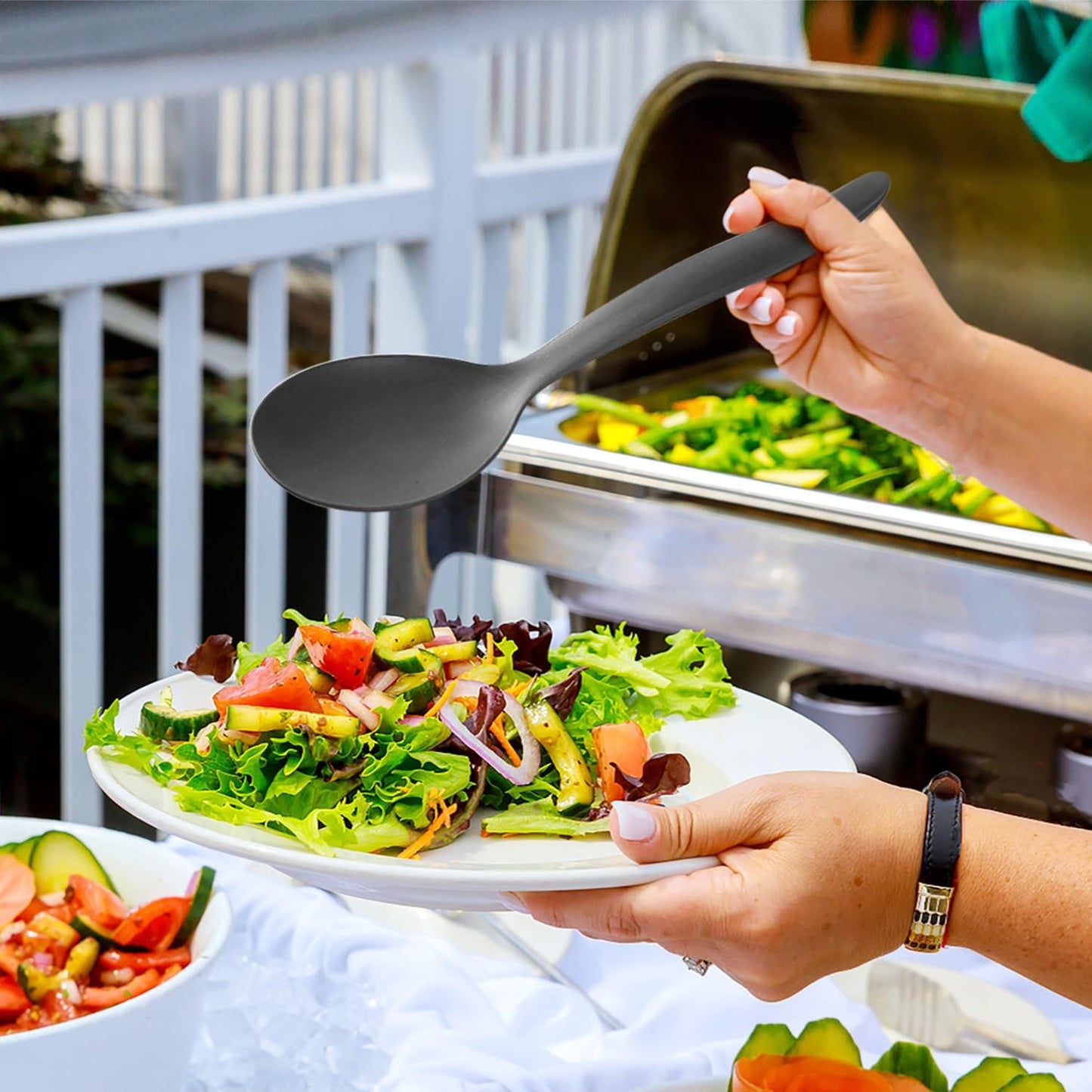 8 Pack 10" Large Reusable Plastic Wheat Straw Serving Spoon Set, 4 Serving Spoons & 4 Slotted Spoons, Kitchen Mixing Serving Spoon for Buffet Chafing Dish Catering (Gray Ombre/Not for Cooking)