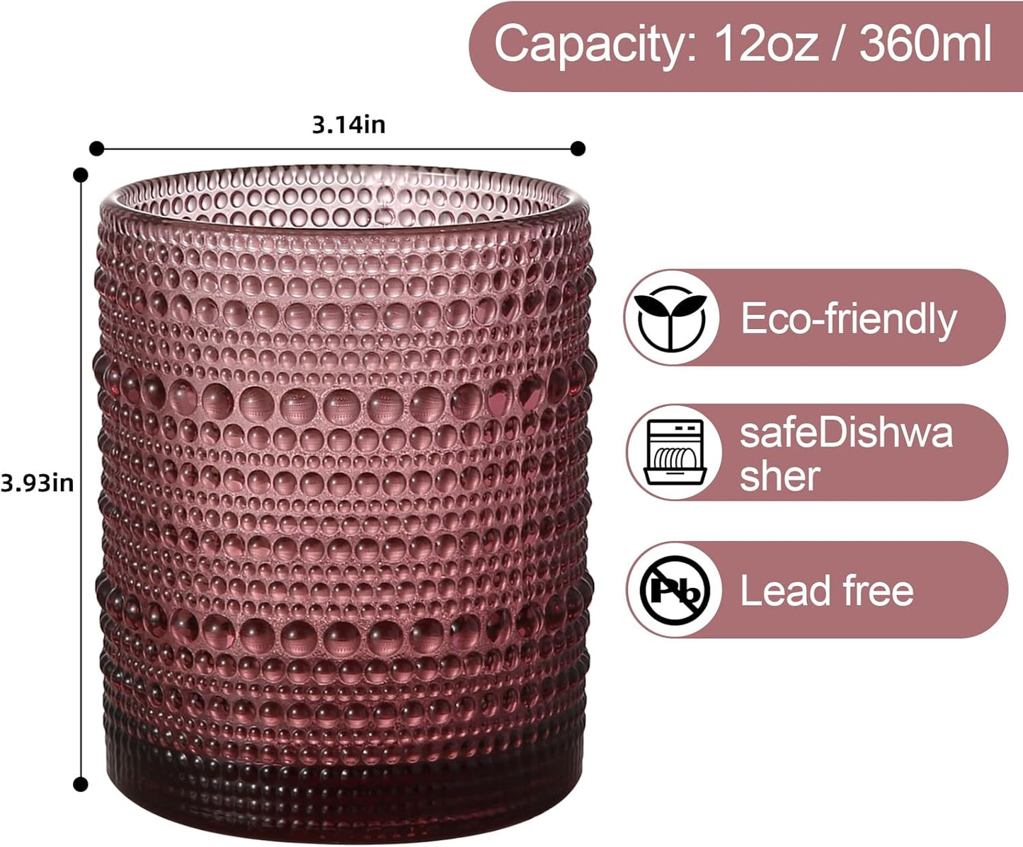 Vintage Glassware Drinking Glasses Set of 6,12 oz Hobnail Glass Cups,Embossed Purple Water Tumbler,for Beer,Cocktail,Whiskey,Juice and Various Mixed Drinks- 1 Cleaning Brush