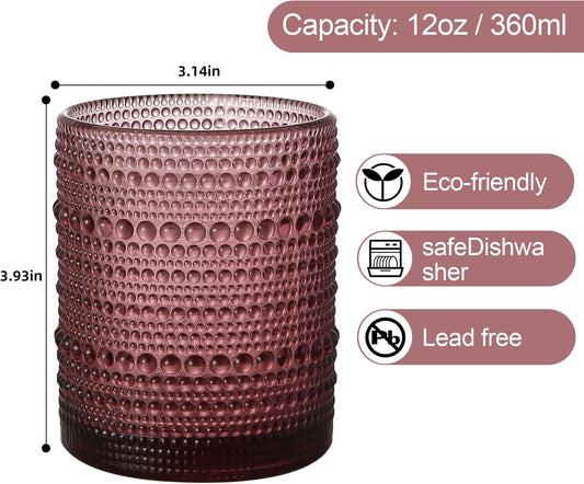 Vintage Glassware Drinking Glasses Set of 6,12 oz Hobnail Glass Cups,Embossed Purple Water Tumbler,for Beer,Cocktail,Whiskey,Juice and Various Mixed Drinks- 1 Cleaning Brush