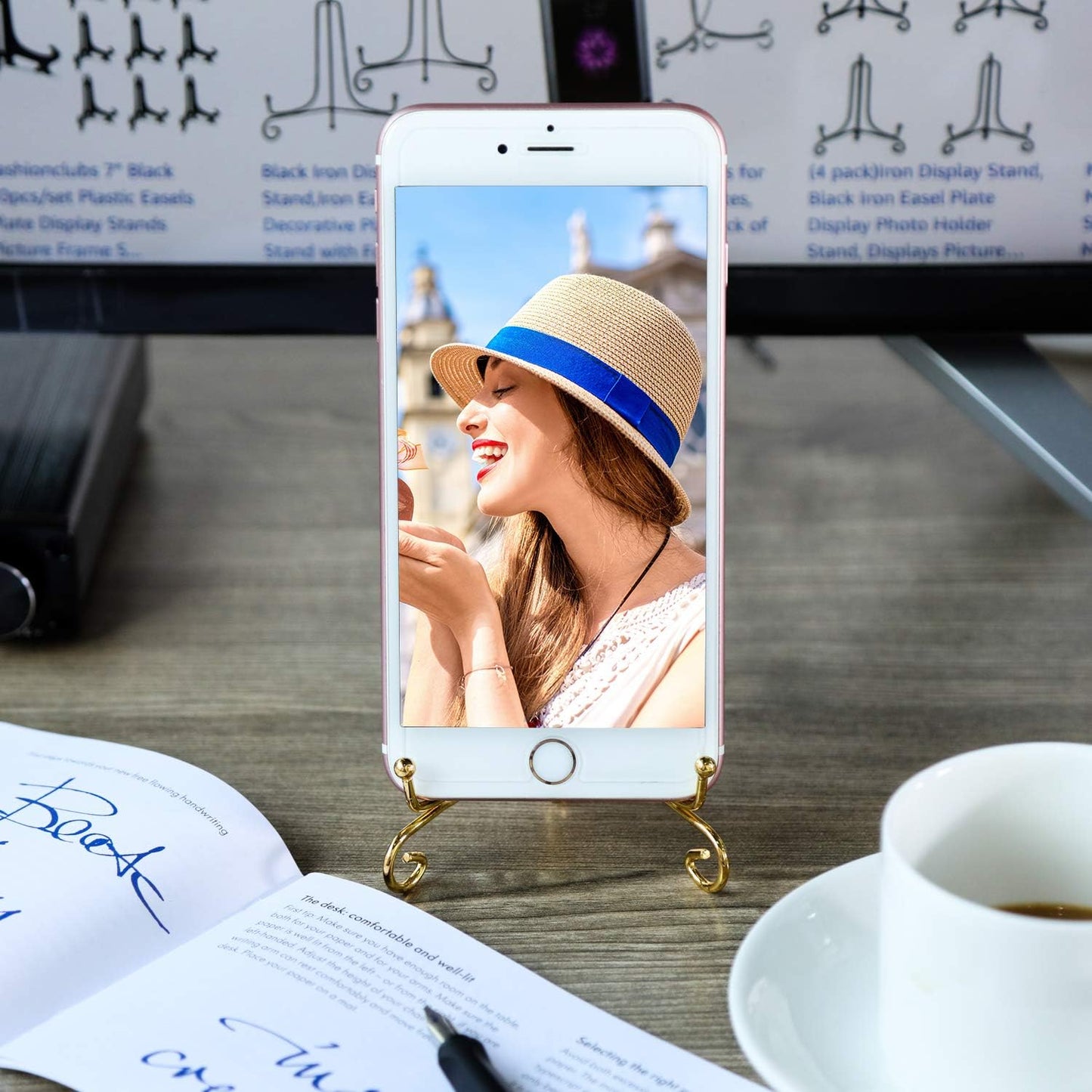 Tatuo 4 Pack 4" Iron Display Stand Gold Small Iron Plate Stand Holder Easel for Plates, Picture, Photo, Decorative Displays Card, Cookie, Artwork for Home Decor, Wedding Centerpieces, Coffee Shop Menu