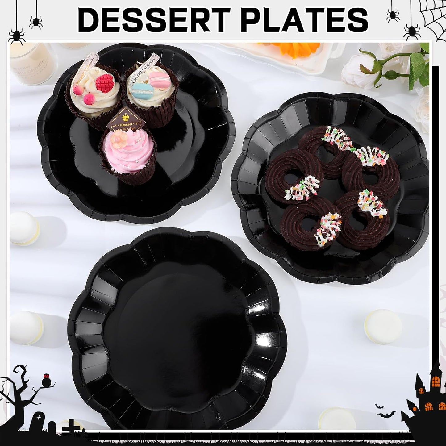 30pcs Black Halloween Paper Plates, 9 in Scalloped Halloween Party Plates Black Dinner Plate Disposable Paper Plate for Wedding, Birthday, Baby Shower, Holiday Party