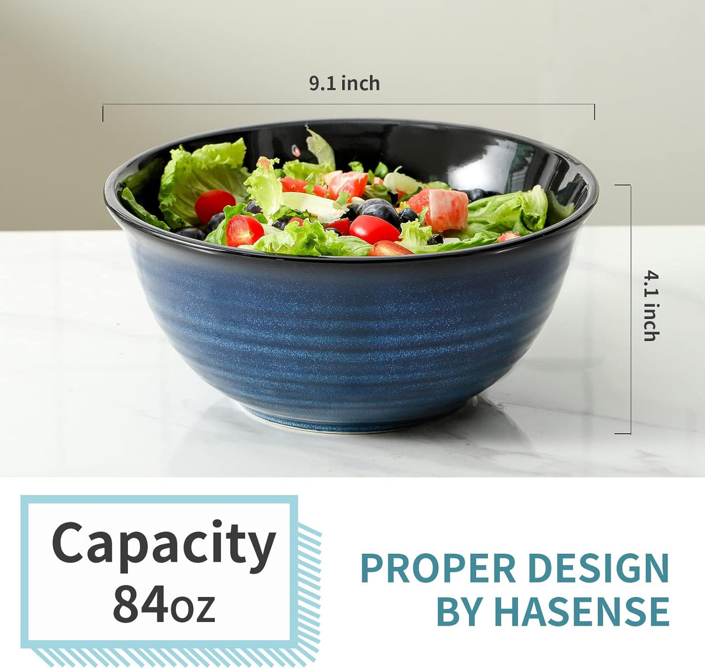 Hasense Ceramic Serving Bowls, 9 Inch Large Salad Bowls for Kitchen, 84 Ounce Mixing Bowl Set of 2, Ideal for Soup Pho Pasta Popcorn, Dishwasher & Microwave Safe(Blue)