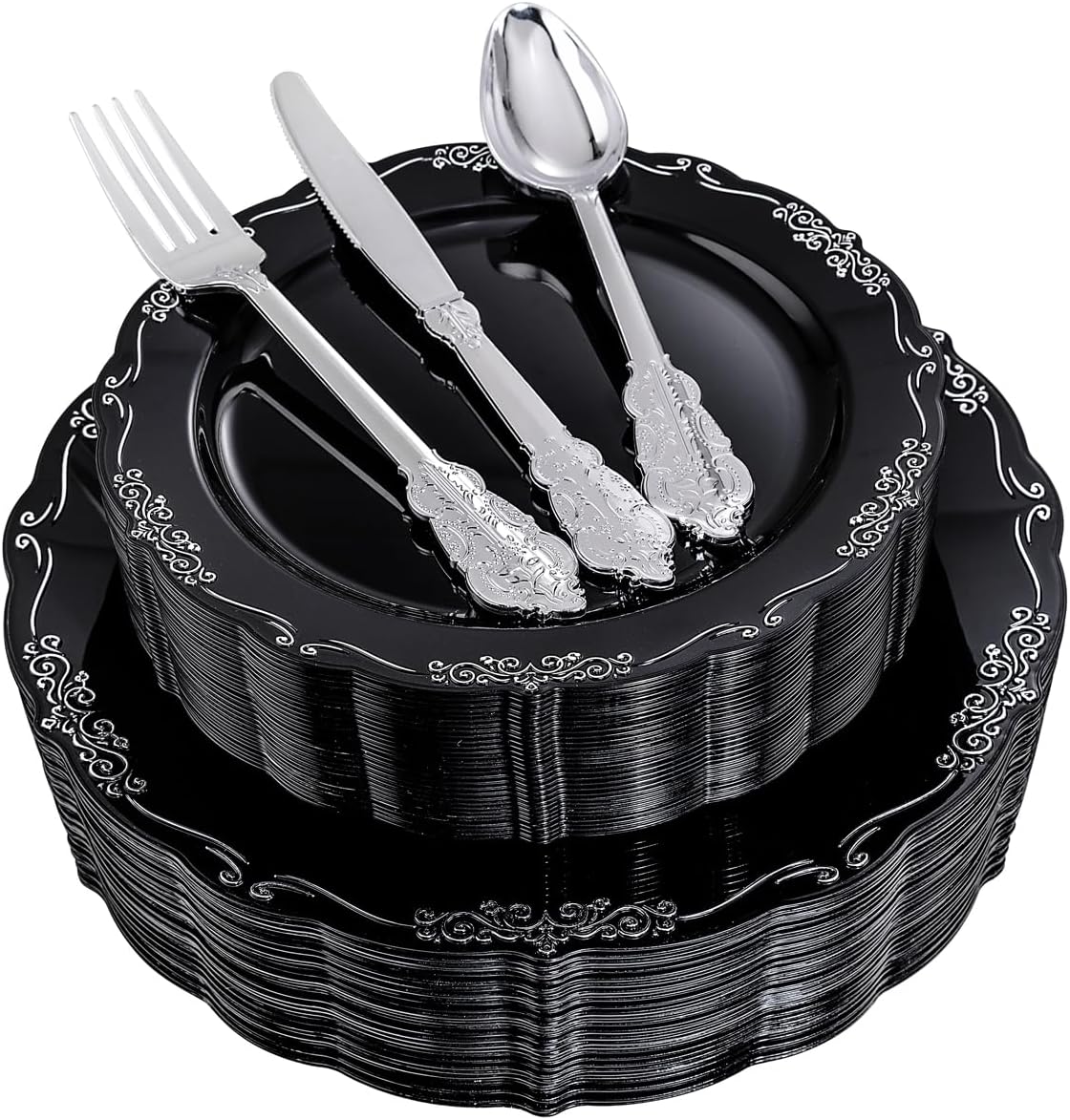 DaYammi 150 Pcs Black Silver Plastic Plates & Silver Plastic Silverware,Black silver Disposable plates for Include 30 Dinner Plate,30 Dessert Plate,30 Knives,30 Forks,30 Spoons for Halloween Party