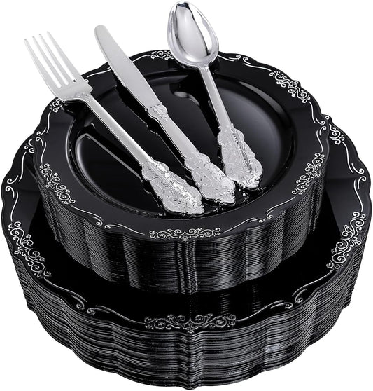 DaYammi 150 Pcs Black Silver Plastic Plates & Silver Plastic Silverware,Black silver Disposable plates for Include 30 Dinner Plate,30 Dessert Plate,30 Knives,30 Forks,30 Spoons for Halloween Party