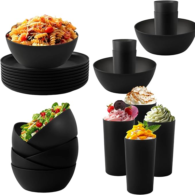 24pcs Dinnerware Sets,Plastic Plates and Bowls Sets,Dishes Set for 8,Unbreakable Modern Dish Sets,Reusable Dinning Set,Dishware Sets for Kitchen,Party or Picnic, Dishwasher Safe,Black,BPA free