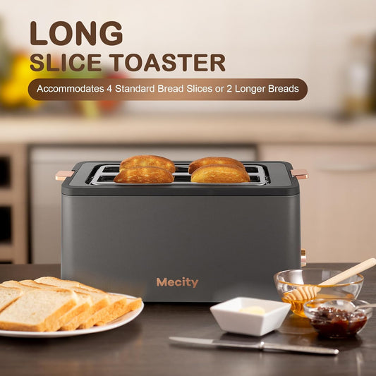 Mecity 4 Slice Toaster, Long Slot Toaster With Warming Rack, Timer, Bagel, Defrost, Reheat Functions, Crumb Tray, 6 Browning Settings, Extra Wide Long Slots, Stainless Steel, 1300W, Grey
